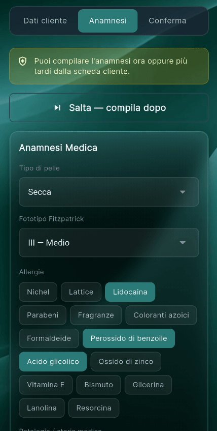 Cartella cliente: anamnesi medica e fototipo